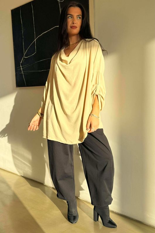 Suki Drape Cowl Blouse Stone /9=